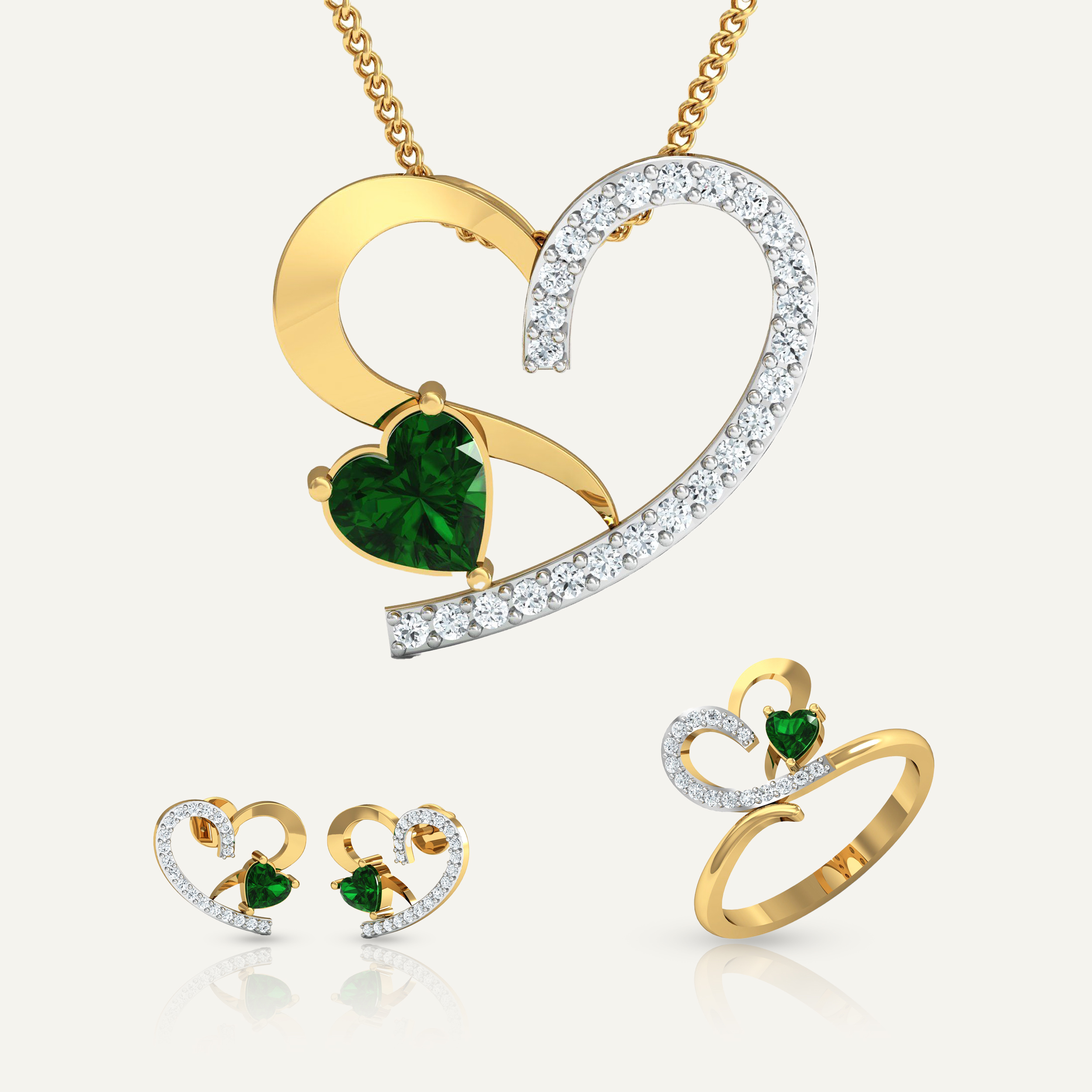 Two-Tone Women’s Heart Pendant, Ring, and Earrings Set